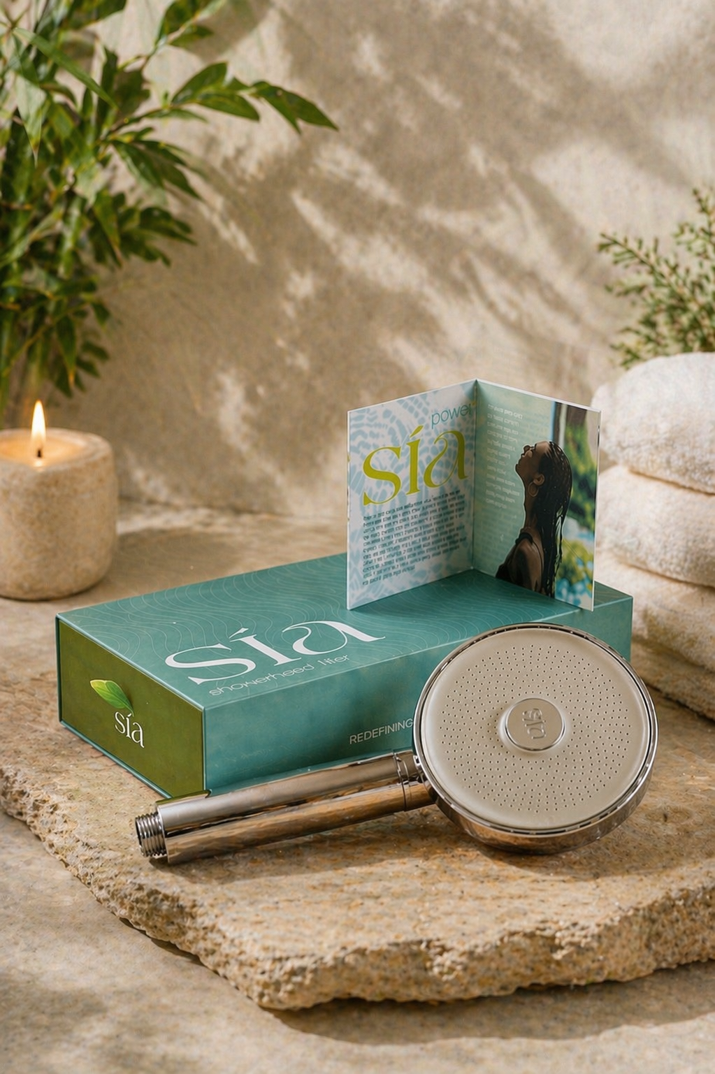 Handheld shower head with packaging on a stone surface, candle, and plants in the background