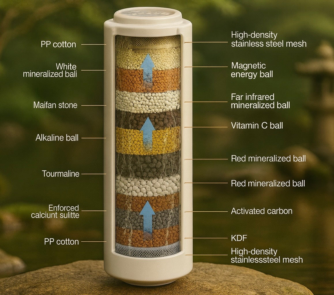Layered water filter with labeled components on a natural background