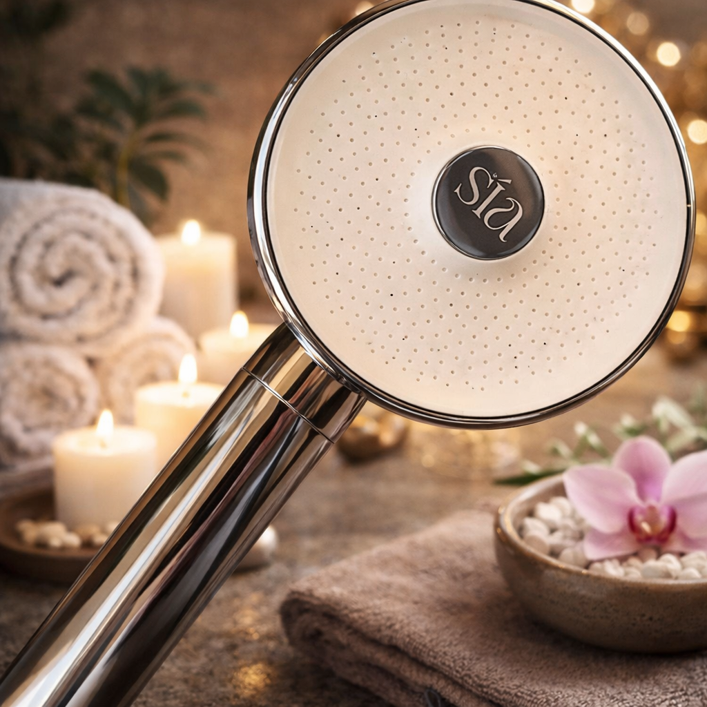 Shower head with 'sia' branding in a spa-like setting with candles and towels.